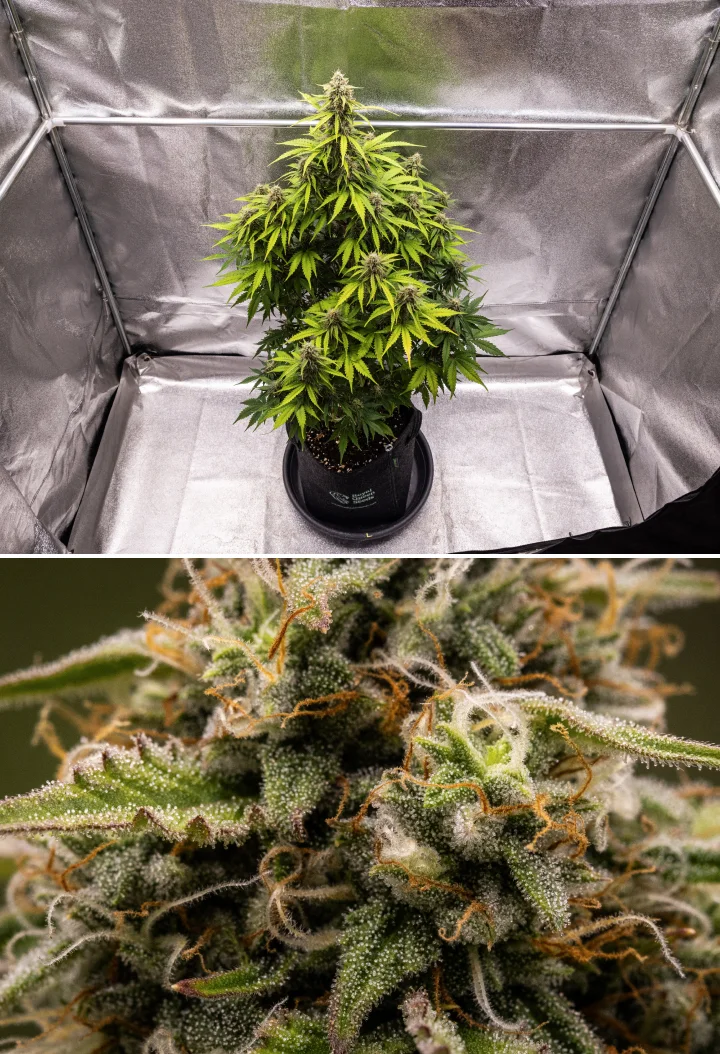Grow report Atlas F1: 8. týden, květy připravené ke sklizni Rostlina konopí Atlas F1 rostoucí v textilním květináči během 8. týdne grow reportu, ukazující ojíněné zralé květy, husté pokrytí trichomy, oranžové pestíky a růst ve fázi kvetení připravený ke sklizni.