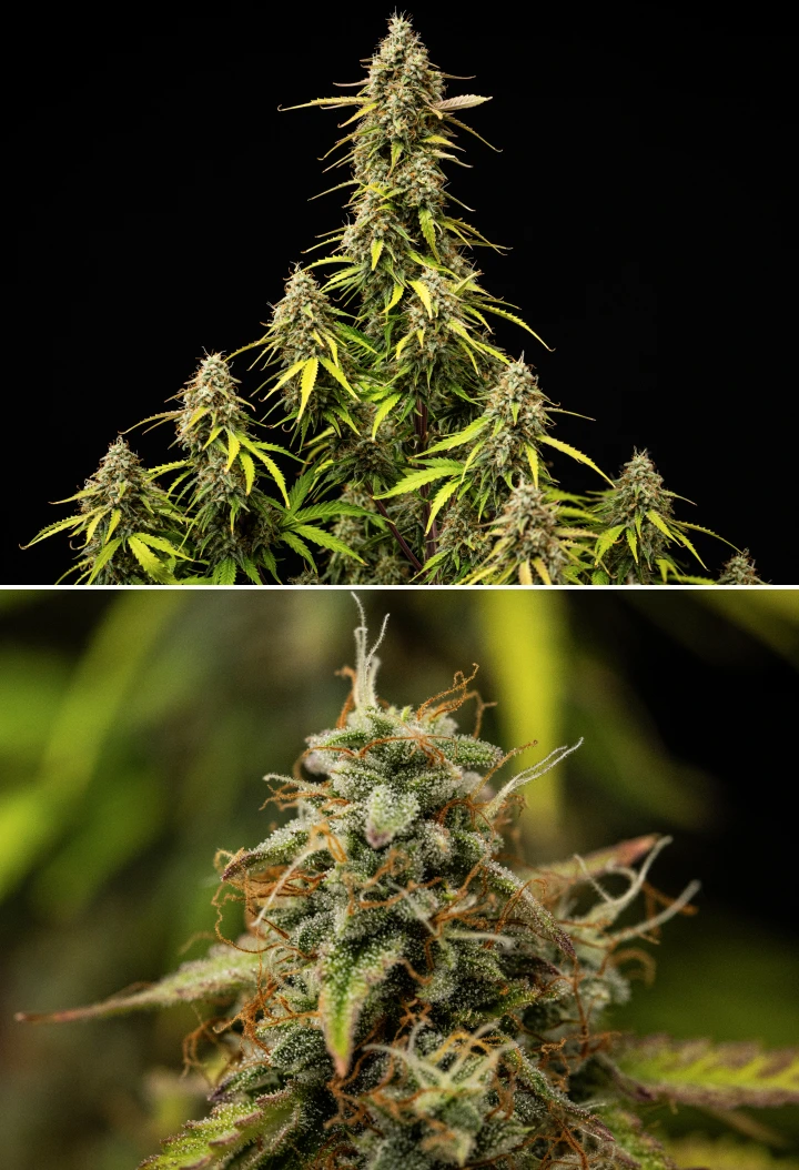 Grow report Atlas F1: 9. týden, závěrečné dozrávání Rostlina konopí Atlas F1 během 9. týdne grow reportu, ukazující plně dozrálé květy, husté pokrytí trichomy, oranžové pestíky, blednoucí listy a zralý růst ve fázi kvetení.