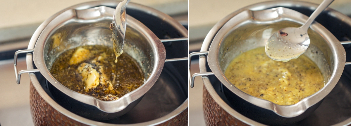 Jemné vaření cannabutter ve vodní lázni Směs cannabutter jemně probublávající ve vodní lázni, zatímco lžíce míchá infuzované máslo, aby se udrželo rovnoměrné teplo a zabránilo přehřátí