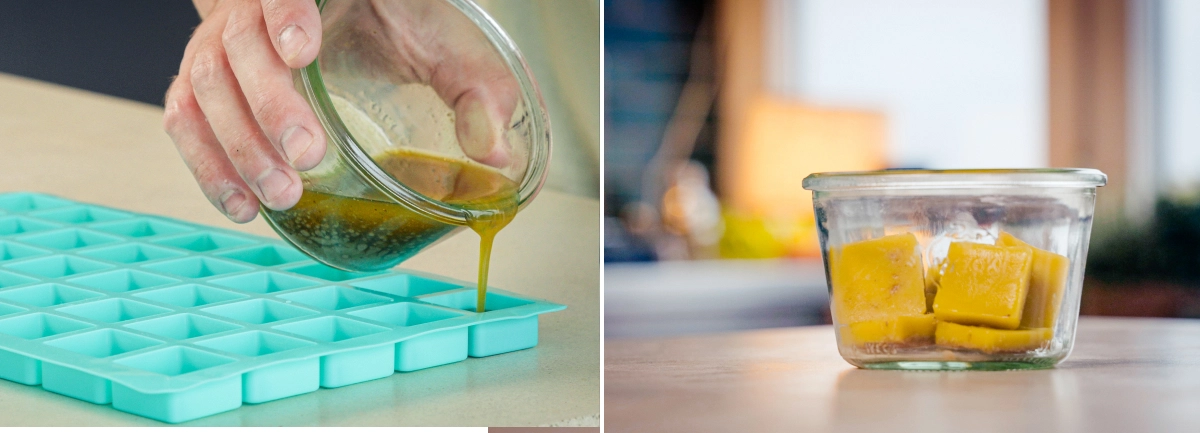 Porcování cannabutter do kostek po oddělení vody Cannabutter nalévané do silikonových forem pro porcování, s hotovými kostkami másla uloženými ve skleněné nádobě po oddělení másla od vody