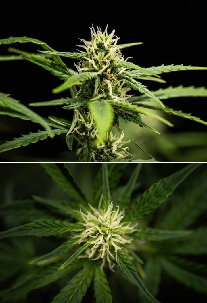 Konopná rostlina NYC Sour Diesel Auto v 6. týdnu kvetení, dosahující přibližně 122 cm, s pomalejším vertikálním růstem, pevnějšími květy, počáteční tvorbou pryskyřice a hustým vývojem květů pod LED osvětlením