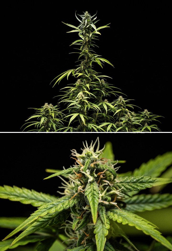 Konopná rostlina NYC Sour Diesel Auto v 7. týdnu kvetení s hustými lepkavými květy, zvýšenou produkcí pryskyřice, hlavní colou blízko světla, mírným blednutím listů a podepřenými ohýbajícími se větvemi