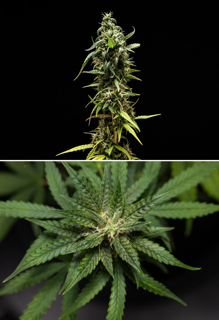 Konopná rostlina NYC Sour Diesel Auto v 8. týdnu kvetení s mléčnými trichomy, kompaktními aromatickými květy, silnou produkcí pryskyřice a mírně méně zralou horní colou těsně před sklizní