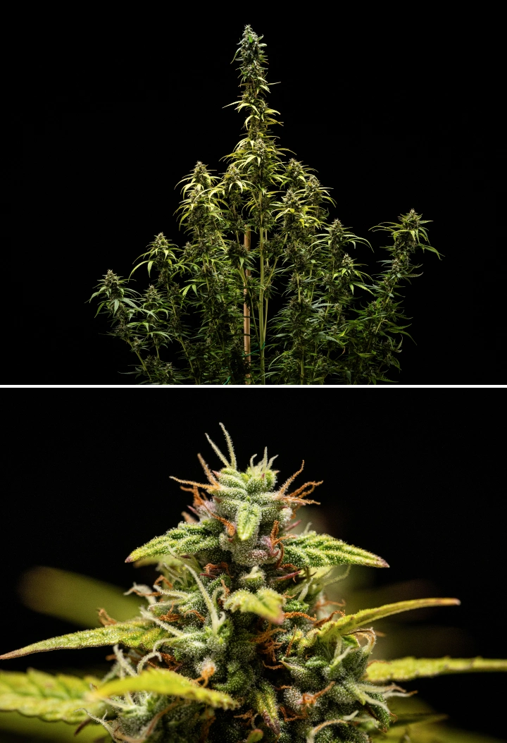 Konopná rostlina NYC Sour Diesel Auto v 9. týdnu kvetení při sklizni, s převážně mléčnými trichomy, hustými květy, vysokou strukturou a mírným světelným stresem na horní cole