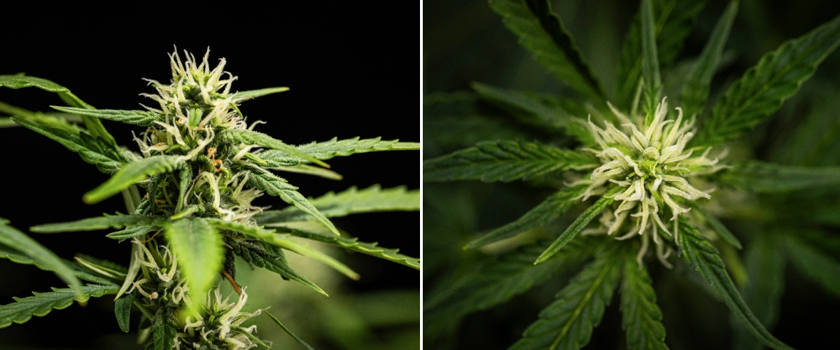 Konopná rostlina NYC Sour Diesel Auto v 6. týdnu kvetení, dosahující přibližně 122 cm, s pomalejším vertikálním růstem, pevnějšími květy, počáteční tvorbou pryskyřice a hustým vývojem květů pod LED osvětlením