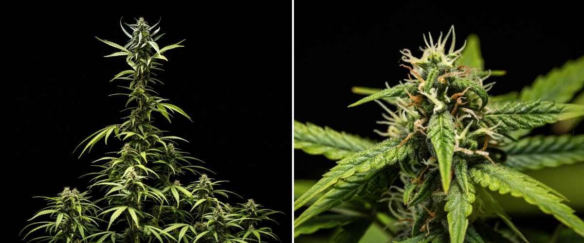 Konopná rostlina NYC Sour Diesel Auto v 7. týdnu kvetení s hustými lepkavými květy, zvýšenou produkcí pryskyřice, hlavní colou blízko světla, mírným blednutím listů a podepřenými ohýbajícími se větvemi