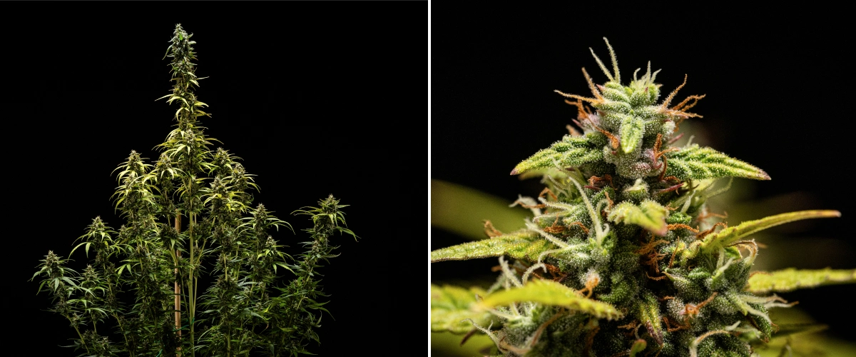 Konopná rostlina NYC Sour Diesel Auto v 9. týdnu kvetení při sklizni, s převážně mléčnými trichomy, hustými květy, vysokou strukturou a mírným světelným stresem na horní cole