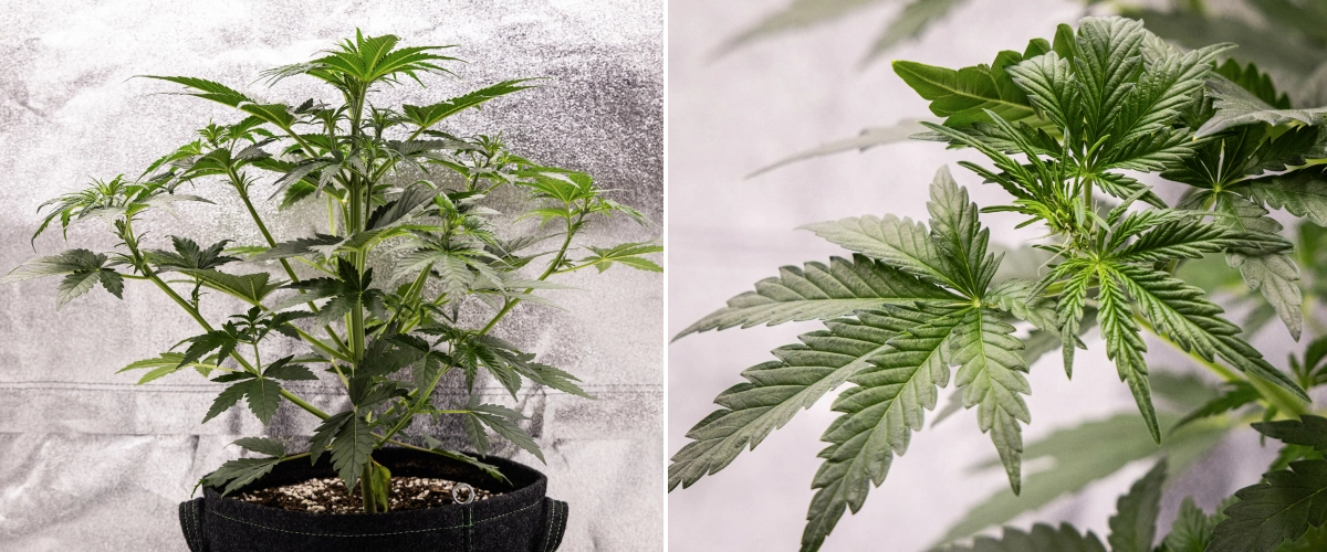 Grow report Royal Creamatic: 4. týden, začátek kvetení Rostlina konopí Royal Creamatic ve 4. týdnu, se začátkem kvetení, zdravým zeleným olistěním, čerstvými pestíky a silným vývojem větví.