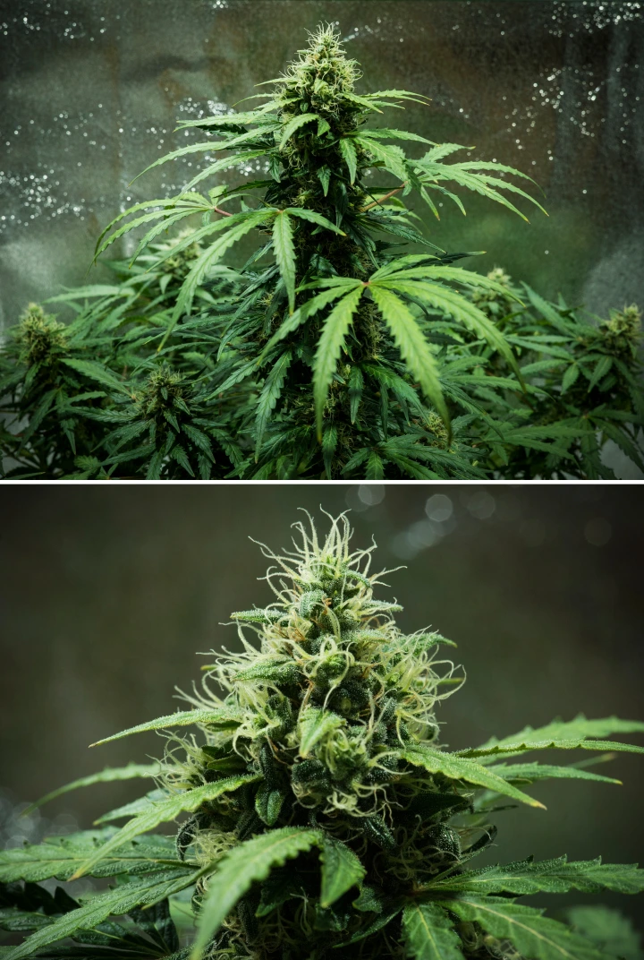 Grow report Royal Dwarf: 7. týden, husté květy Rostlina konopí Royal Dwarf v 7. týdnu, ukazující husté lepkavé květy, bílé pestíky, pryskyřičné květy a zdravé zelené olistění.