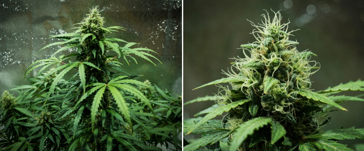 Grow report Royal Dwarf: 7. týden, husté květy Rostlina konopí Royal Dwarf v 7. týdnu, ukazující husté lepkavé květy, bílé pestíky, pryskyřičné květy a zdravé zelené olistění.
