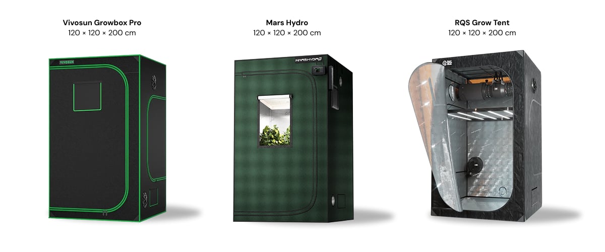 Porovnání pěstebních stanů 120 × 120 × 200 cm Tři pěstební stany o rozměrech 120 × 120 × 200 cm zobrazené vedle sebe: Vivosun Growbox Pro, Mars Hydro a RQS Grow Tent