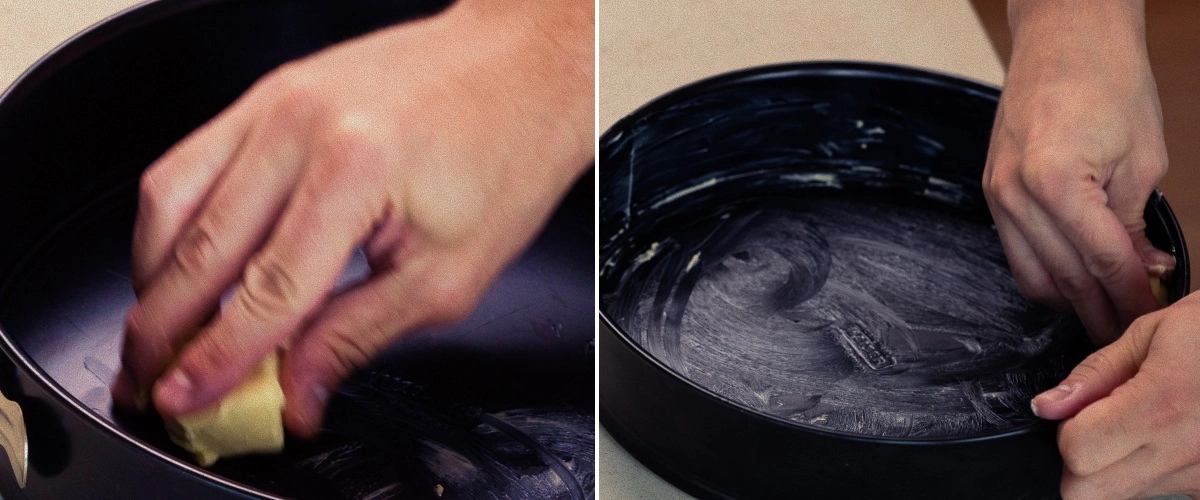 Vymazání dortové formy máslem, první krok při pečení domácího cannabisového space cake