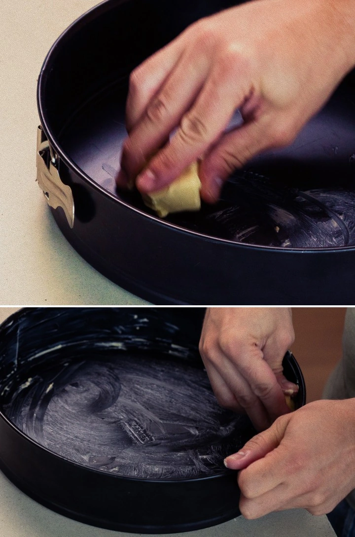 Vymazání dortové formy máslem, první krok při pečení domácího cannabisového space cake