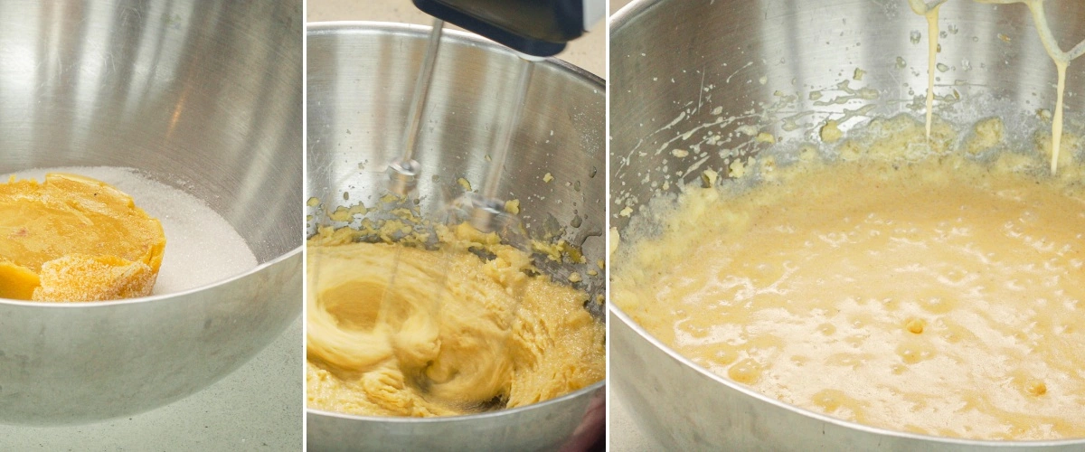 Míchání čokoládového těsta s máslem, cukrem, vejci, kakaovým práškem a mlékem, druhý krok při pečení cannabisového space cake