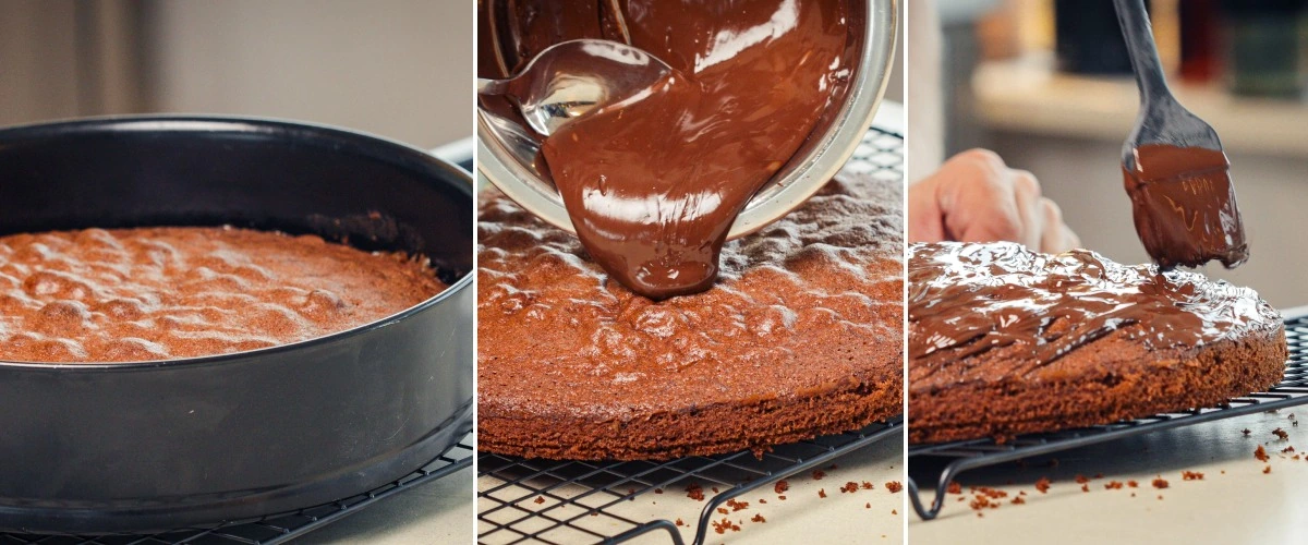 Nalévání rozpuštěné hořké čokolády na vychladlý space cake a rovnoměrné roztírání, čtvrtý krok k dokončení cannabisového space cake